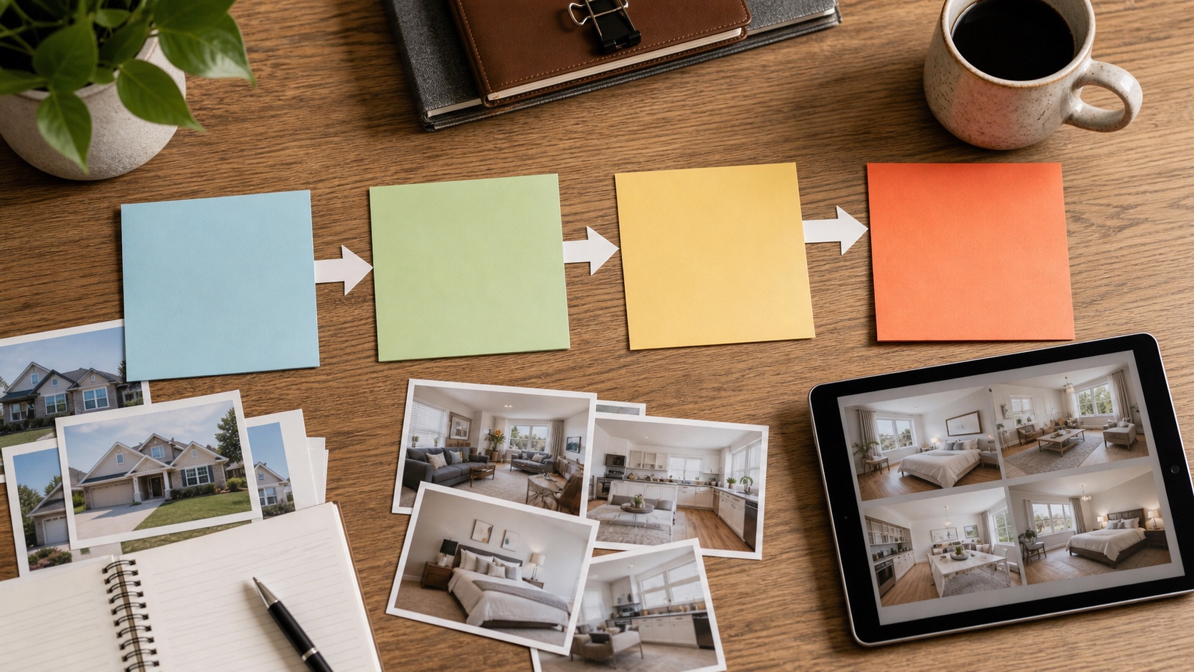 Real estate planning desk with listing photos and decision cards for choosing a virtual staging pricing model